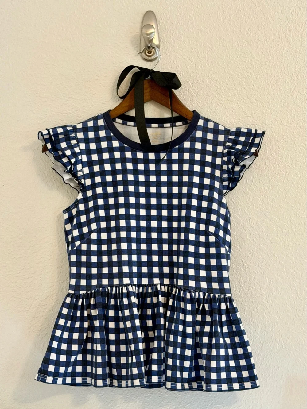 kate spade Navy and White Gingham Ruffle Sleeve Peplum Top